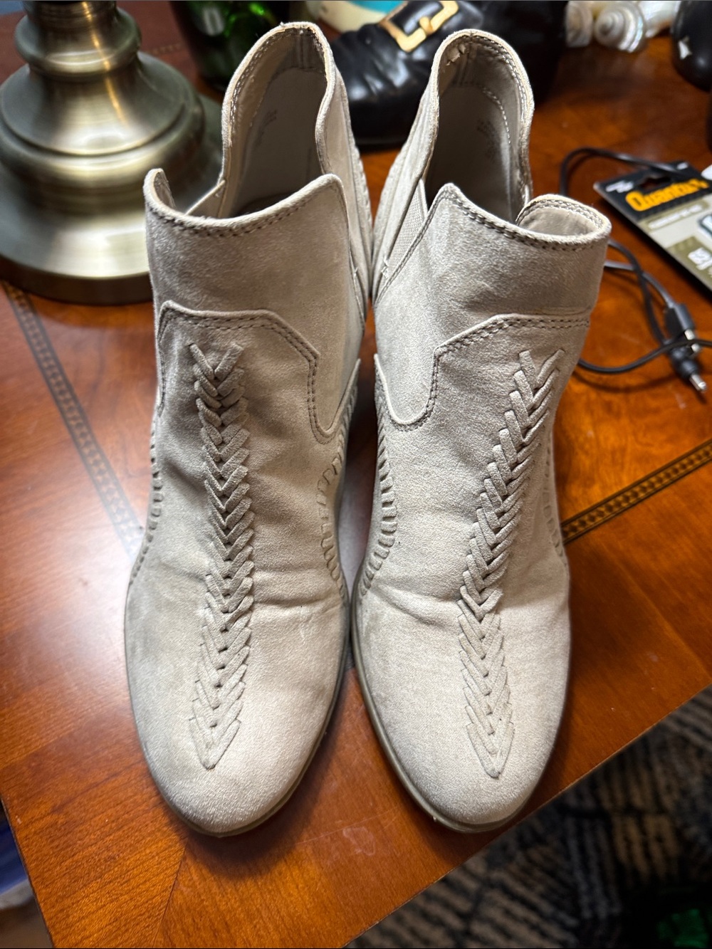Indigo Light Beige Suede Ankle Booties with Braided Stitching